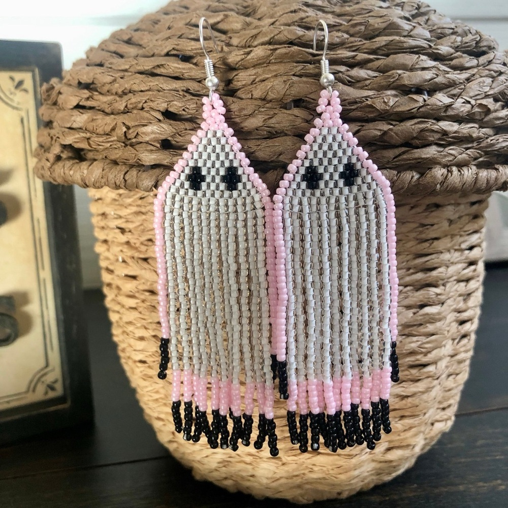 Pink Ghost Seed‎ Bead Handmade Halloween Statement Earrings New In Box Gift